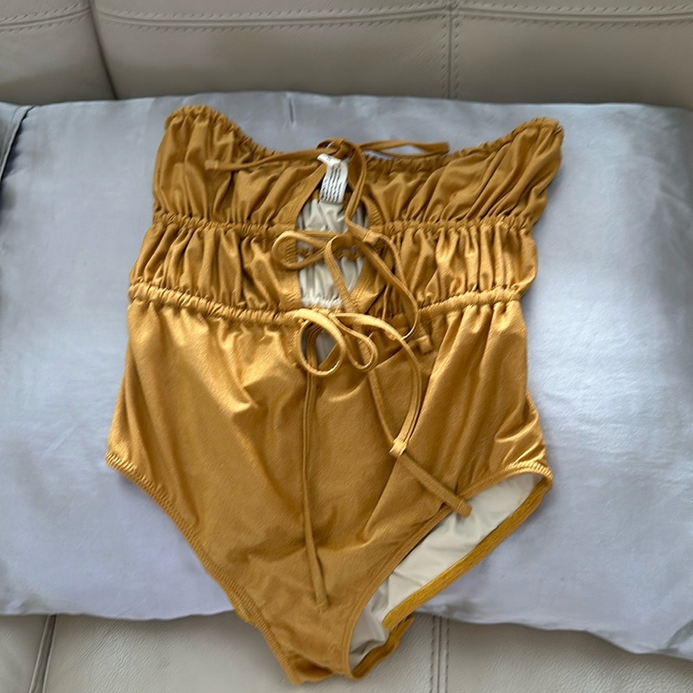 Luxurious Gold One-Piece Swimsuit with Ruched Bodice